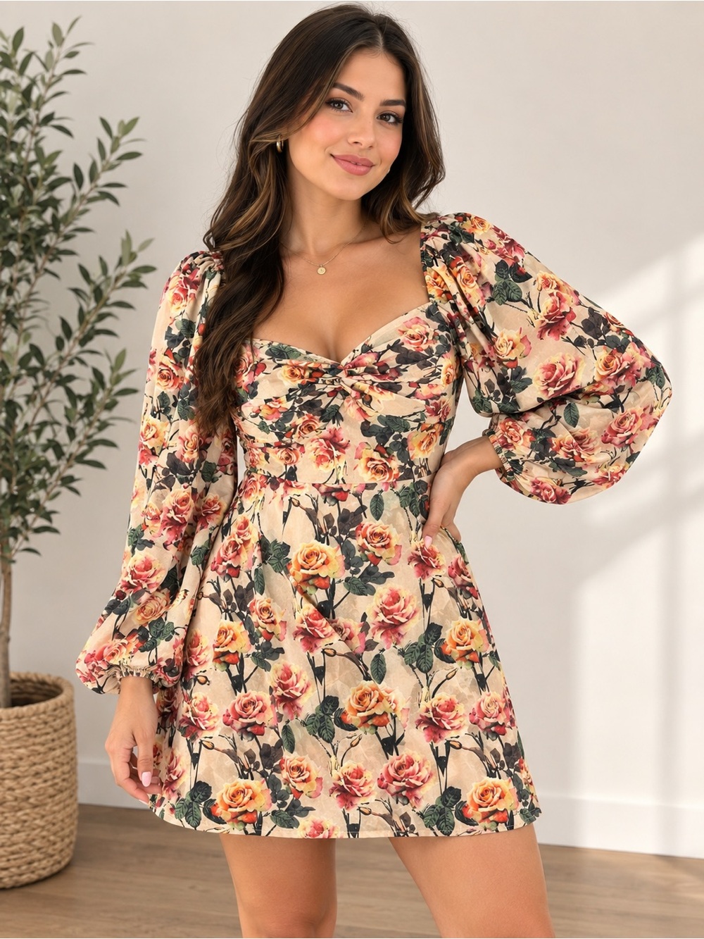 PrettyLittleThing Cream Floral Twist Front Puff Sleeve Mini Dress